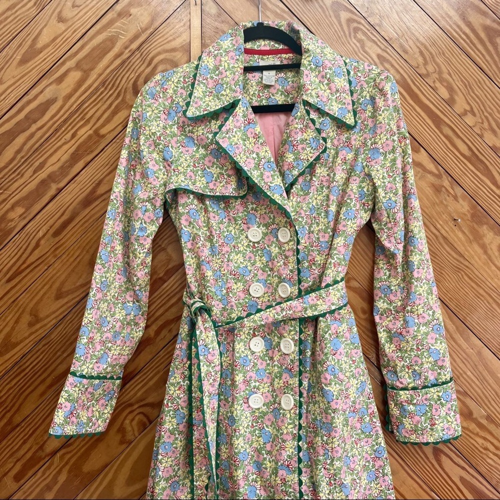 Anthropologie Trench Coat Green Floral Print